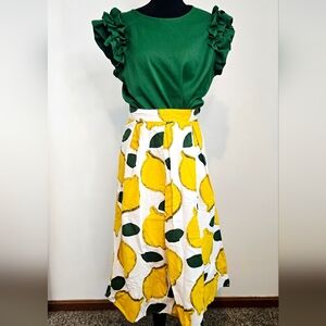 Chicwish White Lemon-Print Circle Skirt with Yellow & Green